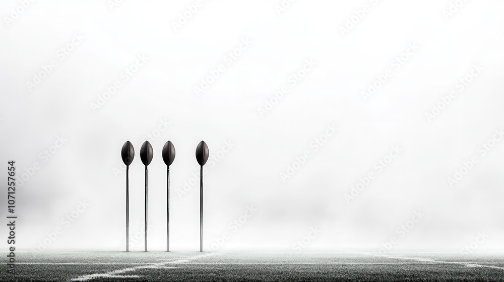 Poster black and white image of four rugby goal posts on foggy field, creating serene and minimalist atmosp