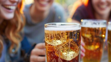 A group of friends laughing and chatting over glasses of bubbly nonalcoholic ginger beer.