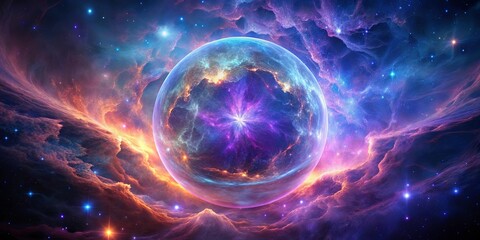 Fototapeta premium A celestial sphere pulses with vibrant energy, its ethereal glow illuminating the swirling nebulae and scattered stars that dance in the vast cosmic canvas.