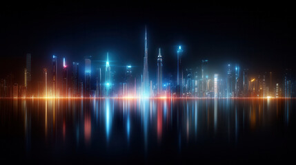 Fototapeta premium Futuristic cityscape at night with glowing skyscrapers and reflections. vibrant lights create mesmerizing atmosphere, showcasing modern architecture and innovation