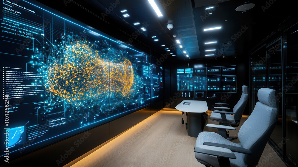 Poster high tech conference room featuring digital displays and data visualization. modern design includes 
