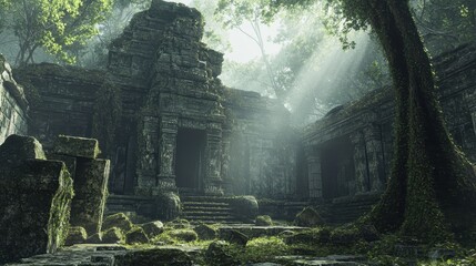 Ancient Stone Temple Ruins Covered in Lush Greenery with Sunlight Streaming Through the Forest Canopy.