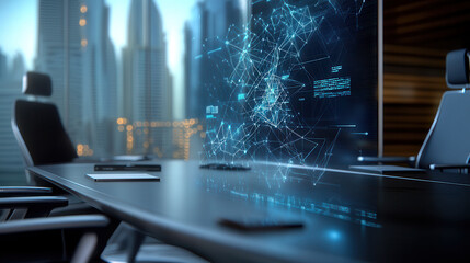 high tech conference room in UAE featuring digital displays and modern design. city skyline is visible through large windows, creating futuristic atmosphere