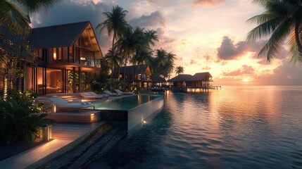 Fototapeta premium Luxurious Overwater Villa with Infinity Pool and Sunset Views in the Tropics.
