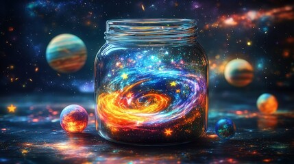 Vibrant Galaxy Swirling Inside Glass Jar