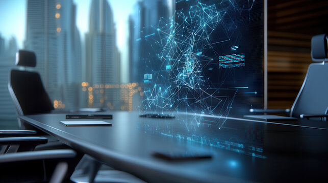 high tech conference room in UAE featuring digital displays and modern design. city skyline is visible through large windows, creating futuristic atmosphere