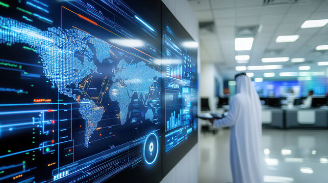 High tech UAE conference room with digital displays and global map. modern design enhances collaboration and innovation in professional environment