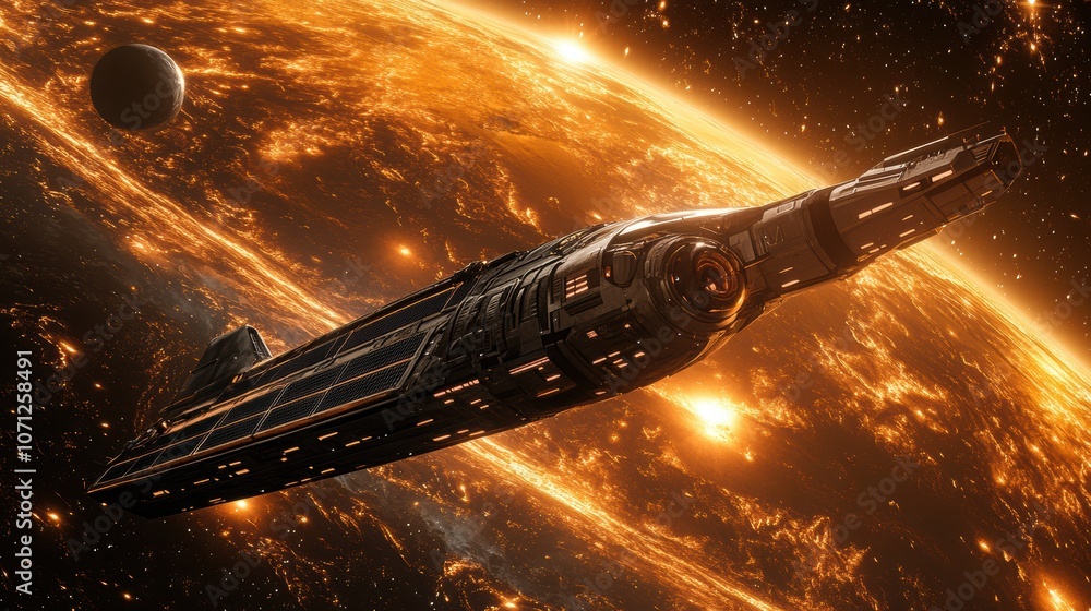 Poster futuristic spaceship orbiting a fiery planet in outer space.