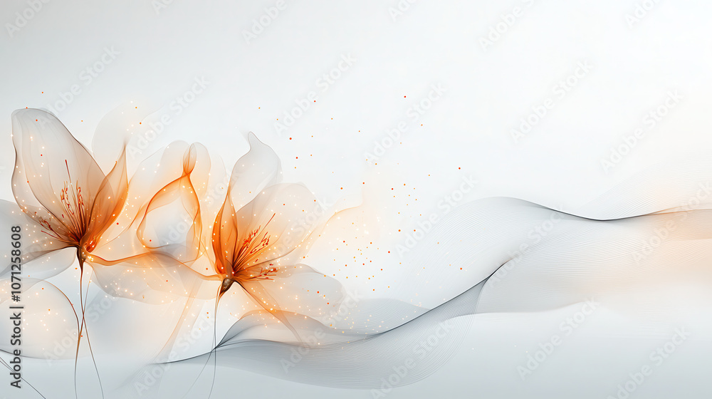 Poster elegant abstract design featuring silver and copper flowers with flowing lines and soft colors, crea