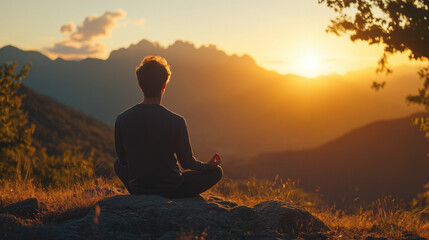 Meditation at sunset creates serene atmosphere, with person sitting peacefully on rock, surrounded by nature. warm glow of sun enhances tranquil scene, inviting sense of calm and reflection