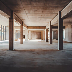 Fototapeta premium Wide angle background image of empty building under construction with concrete columns