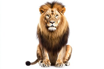 Obraz premium Majestic Male Lion with Thick Mane Sitting Isolated on White Background.