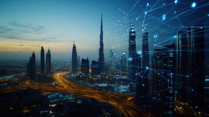 Aerial view of UAE skyline at dusk, featuring digital lines and connections. vibrant cityscape showcases modern architecture and illuminated roads, creating futuristic atmosphere