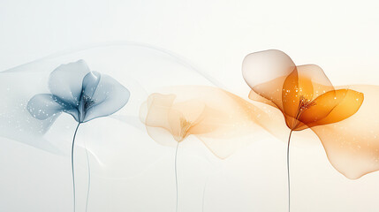 abstract background featuring delicate flowers in soft colors of blue, orange, and white, creating serene and artistic atmosphere
