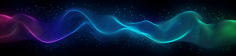 Abstract background with blue glowing vertical lines and green dots on a dark background, glowing wave of blue dots with white outlines on the left side of an abstract dark background.