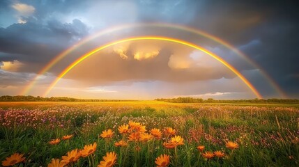 Naklejka premium Vibrant Double Rainbow Arcing Over a Field of Flowers at Sunset