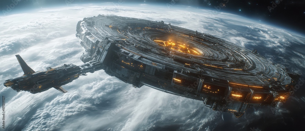 Poster futuristic spaceship orbiting a planet with clouds and stars in the background.