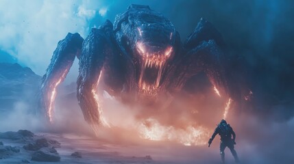 Man in Futuristic Suit Faces Massive Alien Creature