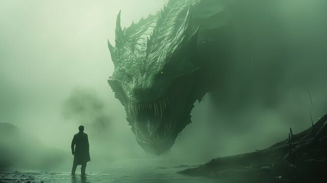 Brave Man Confronts Serpent Monster in Misty Swamp