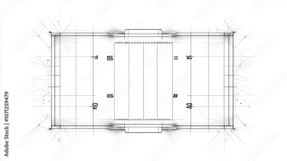 Poster football field layout with precise measurements and markings, showcasing dimensions and design eleme