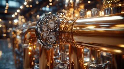 Close-up of shiny gold beer taps with gauges and blurry background lights.