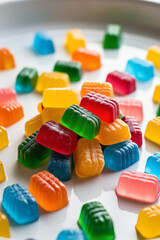 A vibrant assortment of colorful, fruit-flavored gummy candies.