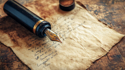 Fototapeta premium Antique Quill Pen and Aged Letter, Vintage Writing, Brown Ink, Grunge Texture, Handwritten Note