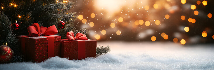 Christmas background with red gift boxes and pine tree on white snow, with space for text. Christmas present box with bow ribbon decoration in front of Christmas lights bokeh