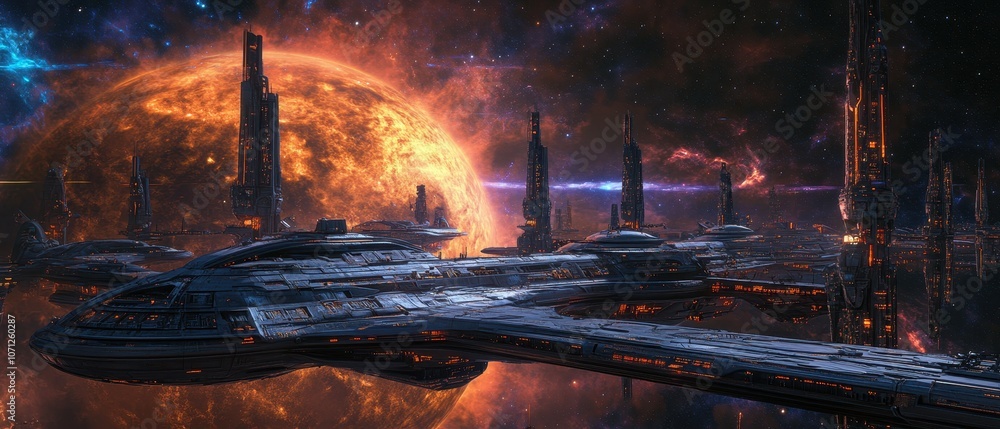 Poster futuristic cityscape with spaceships orbiting a glowing red planet in a starry galaxy.