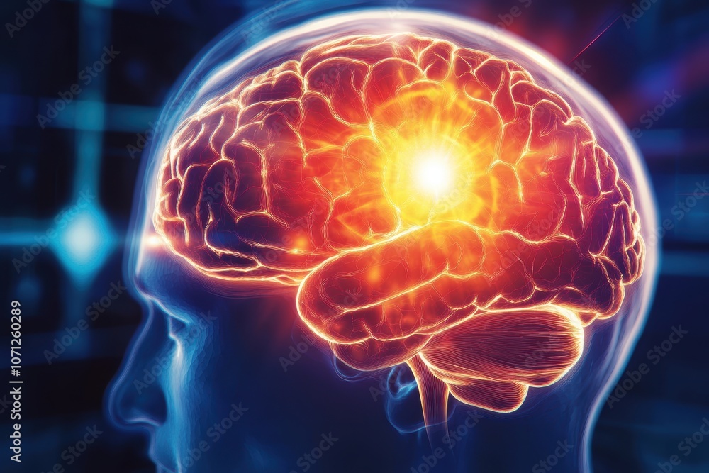 Poster digital brain rendering with glowing element