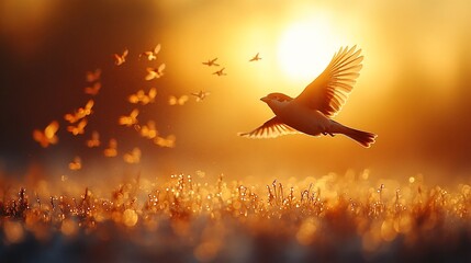 A single bird soars through the air against a backdrop of a golden sunrise, surrounded by a flock of birds flying in formation.