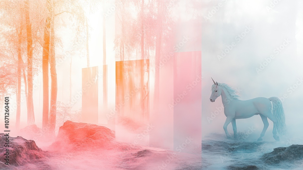 Poster enchanted unicorn in misty forest with glowing light