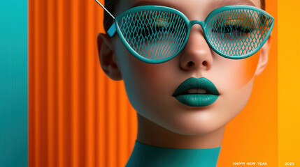 striking portrait of model with bold green lips and geometric sunglasses, set against vibrant orange and teal backgrounds, exuding modern and artistic vibe © Worakit