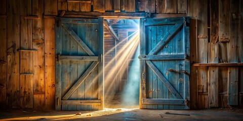 A weathered blue door stands ajar, revealing a burst of golden light illuminating the dust motes swirling in the air within a rustic wooden structure.