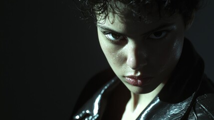 Intense Woman in Leather Jacket Defiantly Facing Dark Shadows - Ultra-Detailed Close-Up Portrait of Strength