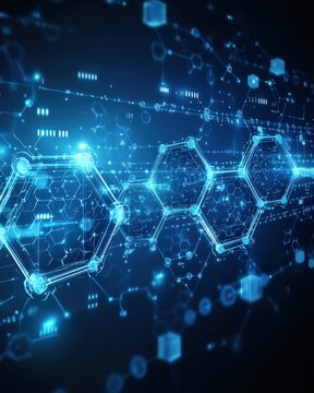 Futuristic Digital Blockchain Network with Hexagonal Structures and Data Visualization Technology, Innovating Cryptocurrency and Secure Online Transactions