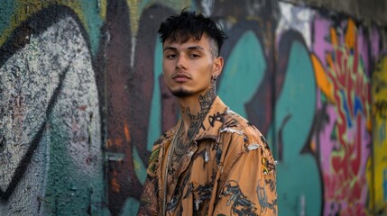 Fototapeta premium Bold Urban Style - Portrait of a Confident Young Man with Tattoos in Front of Graffiti Wall