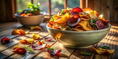 A Rustic Tabletop Still Life Featuring a Bowl of Colorful, Crispy, and Healthy Dehydrated Vegetable Chips, Bathed in Warm Sunlight