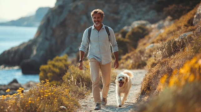 Smiling tourist hiking with dog on coastal path