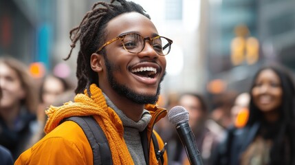 Fototapeta premium Young activist giving a speech at a demonstration for climate change