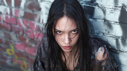 Naklejka premium Defiant Woman with Fierce Gaze Standing Against Graffiti-Covered Brick Wall in Urban Setting - Ultra-Detailed Portrait of Strength and Rebellion
