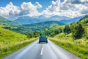Fototapeta premium Car driving on scenic road through green hills and mountains