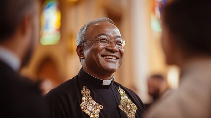 Priest smiling and talking with parishioners in church