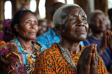 Elderly african woman praying with congregation in church