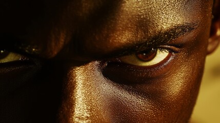 Enigmatic and Dangerous: Close-Up Portrait of a Man with Intense Eyes and Mysterious Smile in Dramatic Lighting