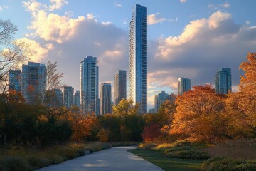 Naklejka premium Modern skyscrapers rising above a vibrant autumn park in toronto