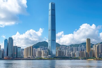 International commerce centre towering over victoria harbour in hong kong with blue sky and clouds