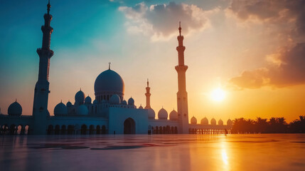Majestic mosque silhouette at sunset, showcasing intricate architecture and serene atmosphere. vibrant colors of sky enhance beauty of this Islamic landmark