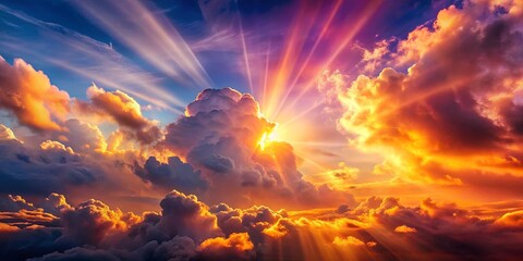 Obraz premium A celestial panorama with a brilliant golden sunrise breaking through a symphony of clouds, casting beams of light across the heavens.