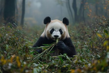 Giant panda eating bamboo in misty forest